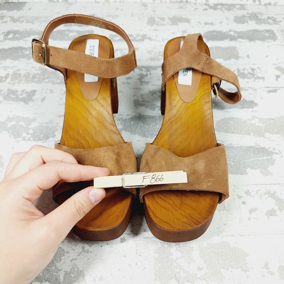 New Steve Madden Alabama Platform Suede Brown Strap Wooden Studded Sandals F866 - Picture 12 of 13